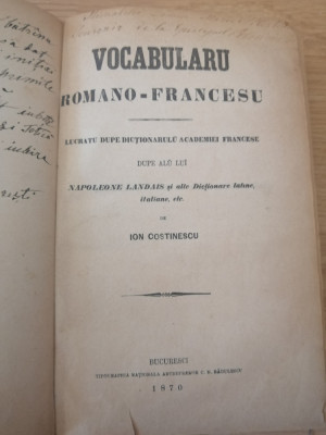 Ion Costinescu, Vocabularu romano-francesu, Vocabular rom&amp;acirc;no-francez, 1870 foto