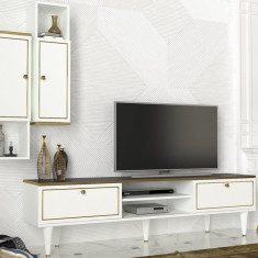 Comoda TV cu rafturi de perete Ravenna White, Talon, 180 x 50.5 cm/88.6 x 25 cm, alb/auriu/negru