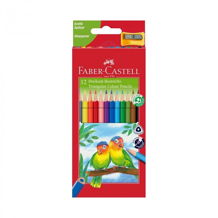 Creioane colorate 12 culori triunghiulare Faber Castell 120523 + o ascutitoare 120523