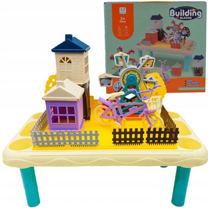 Masă multifuncțională 4-&icirc;n-1 cu blocuri de construcție, desen tehnic și spațiu de depozitare