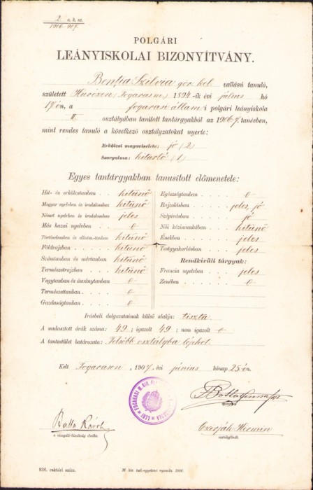 HST A1905 Certificat școlar 1907 Făgăraș elevă rom&acirc;ncă ortodoxă