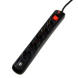 PRELUNGITOR SPACER, Schuko x 5, conectare prin Schuko (T), USB x 2, cablu 3 m, 16 A, max. 3500W, protectie supratensiune, negru, &quot;PP-5-30B USB&quot;/455059