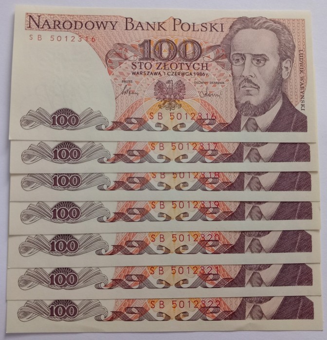 Polonia , 100 Zlotych 1986, 7 serii consecutive