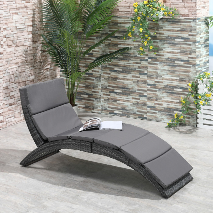 Outsunny Șezlong de Grădină Pliabil din Ratan PE, Șezlong Curbat Ergonomic cu Pernă pentru Terasă și balcon, 59x156x78 cm, Gri