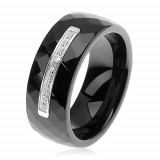 Inel realizat din ceramică neagră cu suprafaţă fațetată, linie &icirc;ngustă din oţel, zirconii - Marime inel: 51