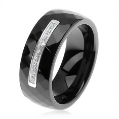 Inel realizat din ceramică neagră cu suprafaţă fațetată, linie îngustă din oţel, zirconii - Marime inel: 62
