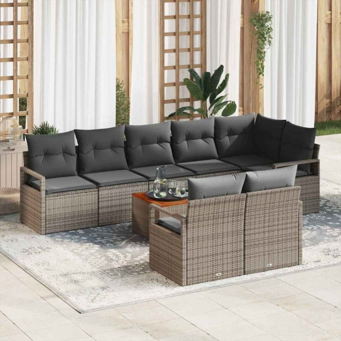 Set canapele grădină 9 pcs Gri mare Răchită &amp; Oţel &amp; Poliester