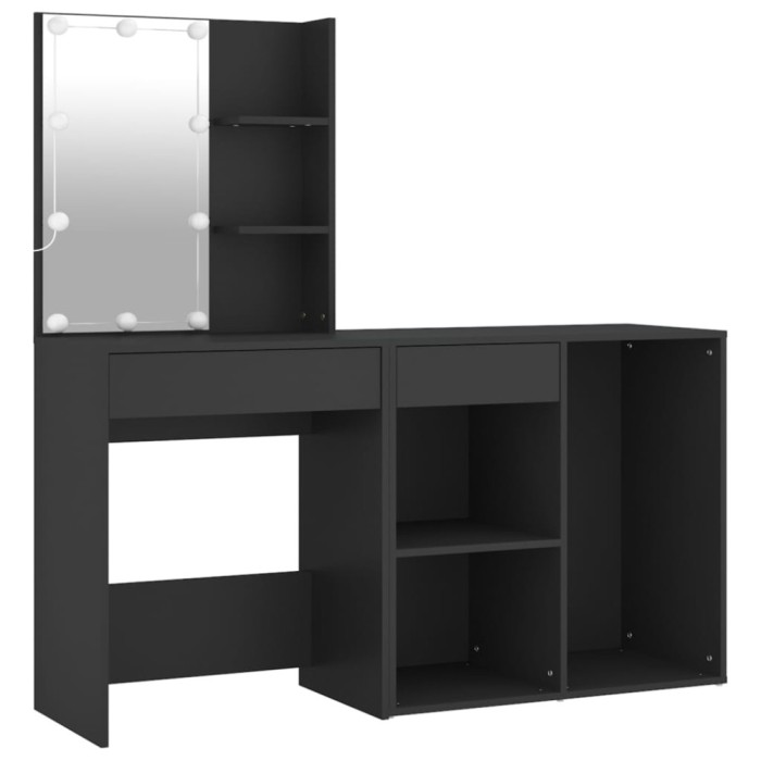 Masa de toaleta cu LED si dulap, negru, lemn prelucrat