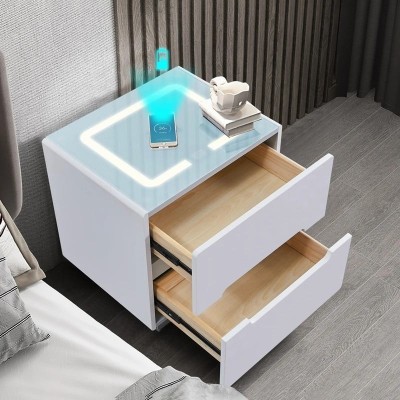 Noptieră smart multifuncțională - Ingrid 2/3 sertare sticlă albă/neagră securizată, &amp;icirc;ncărcare wireless, USB, iluminare LED-uri cu Touch - reglabilă foto
