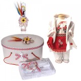 Set costumas rochita traditionala, trusou botez, cutie trusou si lumanare,