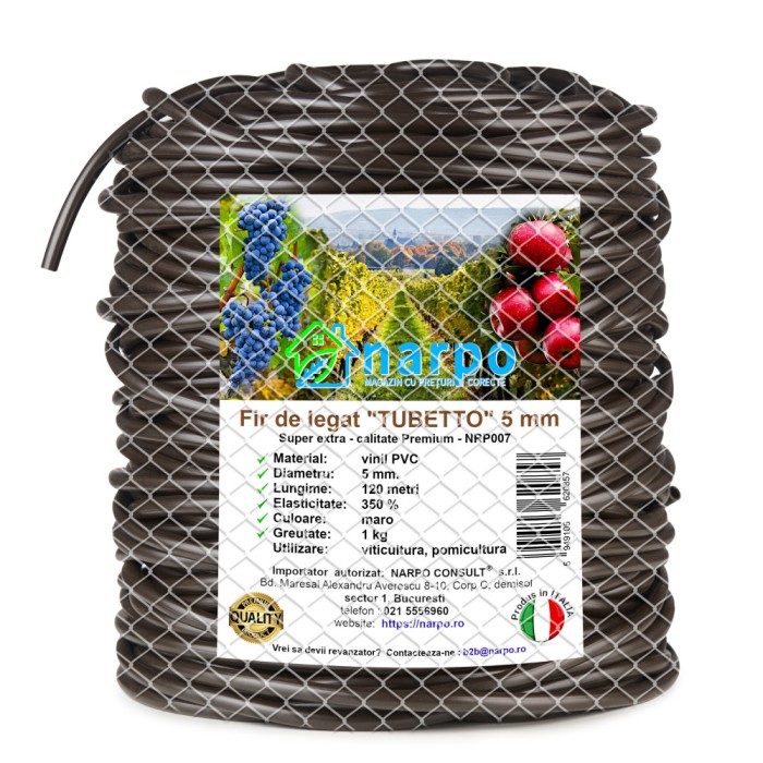 Fir de legat din plastic PVC, TUBETTO, 5 mm, 120 metri, 1 kg, maro, foarte elastic, NRP007