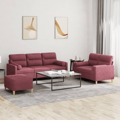 vidaXL Set canapea cu perne, 3 piese, roșu vin, material textil 3201630 foto