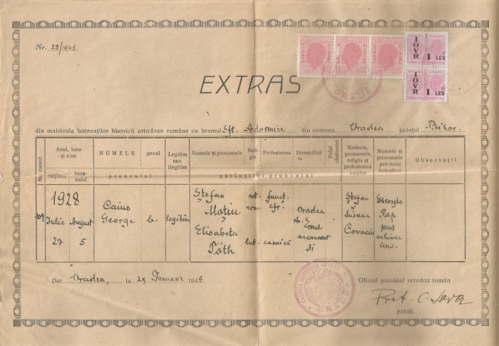 Romania, Extras din matricola botezatilor, Oradea, 1944
