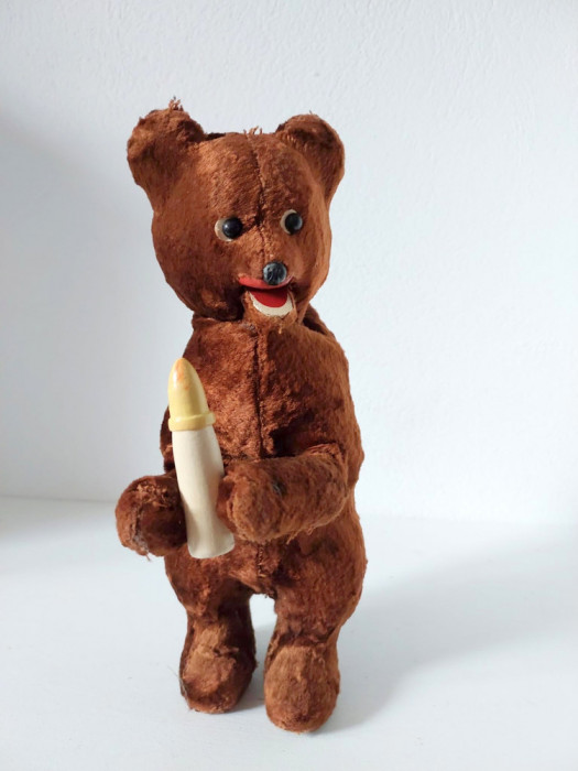 ** Jucarie veche romaneasca urs ursulet cu biberon, cu cheita, 23cm