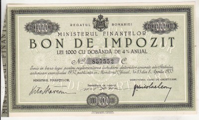 bnk div Bon de impozit - Ministerul Finantelor 1932 - 1000 lei foto