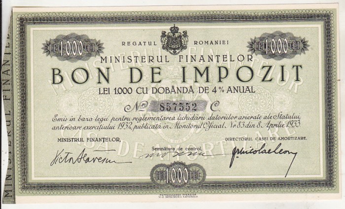 bnk div Bon de impozit - Ministerul Finantelor 1932 - 1000 lei