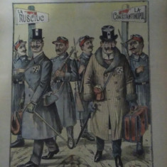 Ziarul Veselia : IZGONIREA A DOI CONȚI ESCROCI - gravură, 1910
