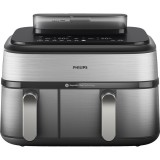 Friteuza cu aer cald dubla PHILIPS Seria 5000 NA555/00, 3kg, 9l, 2750W, functie Air Steam, argintiu-negru