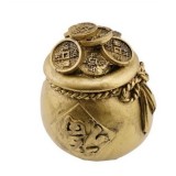 Statueta Feng Shui din rasina cu Vasul Prosperitatii cu monede si funda, 6,4cm,