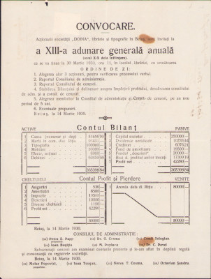 HST A1565 Convocare Adunare Generală 1930 Societatea Doina Beiuș Bihor foto