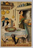 LA BARBUE BEARNAISE , CARTE POSTALA ILUSTRATA , LITOGRAFIE SEMNATA JEAN PARIS , CU RETETA CULINARA PE VERSO , TEXT IN LB. FRANCEZA , 1946