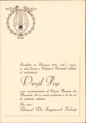 A2699N Program concert jubiliar Virgil Pop, 1946, Cluj, + Sigismund Toduță foto