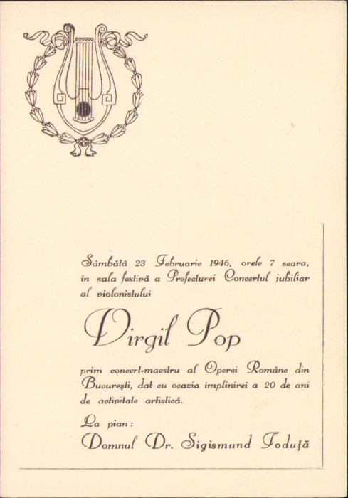 A2699N Program concert jubiliar Virgil Pop, 1946, Cluj, + Sigismund Toduță