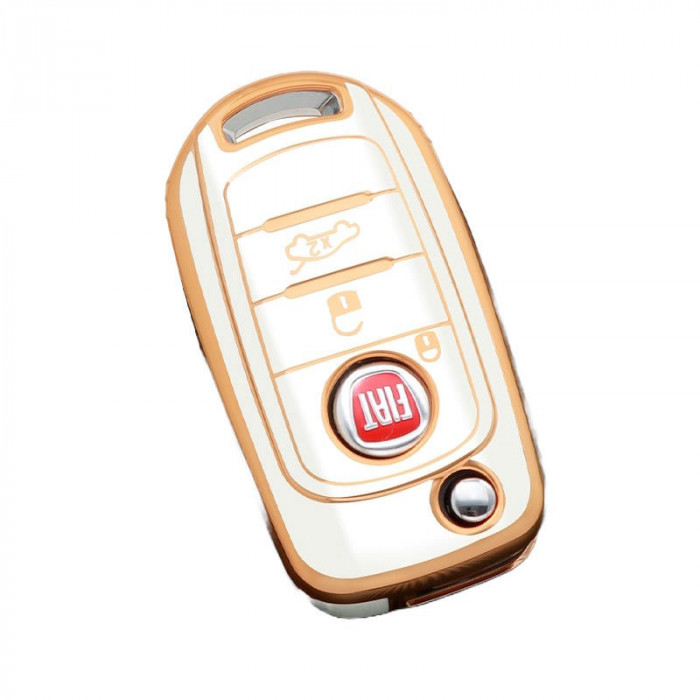 Husa Cheie Briceag Fiat Tipo, 3 Butoane, Alb cu contur auriu AutoProtect KeyCars