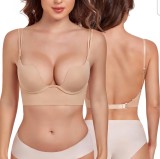 Cumpara ieftin Sutien cu decolteu adanc, Lemorosy Backless L02, push-up cu armatura, spate gol, bretele multifuncționale pentru rochii elegante, marime 75B, Bej