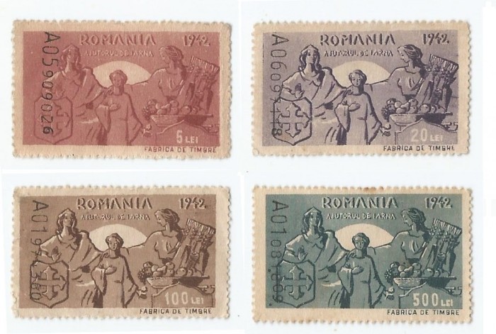 *Romania, lot 1053 cu 4 timbe fiscale de ajutor, 1942, NG
