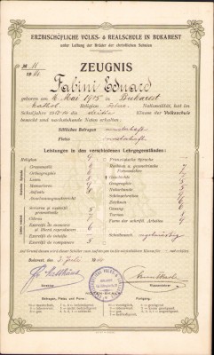 HST A931 Certificat școlar Eduard Fabini 1914 București foto
