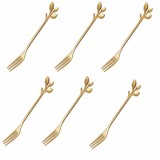 Set 6 furculite Pufo Leaf pentru desert, fructe, otel, maner in forma de frunzulita, auriu, 13 cm