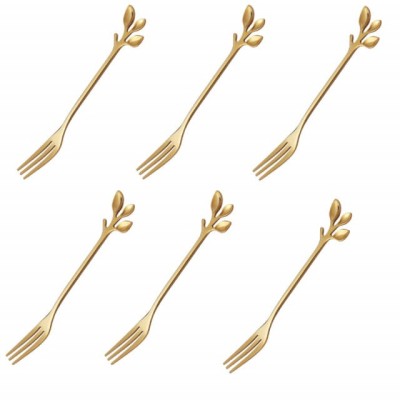 Set 6 furculite Pufo Leaf pentru desert, fructe, otel, maner in forma de frunzulita, auriu, 13 cm foto