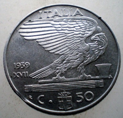 2.310 ITALIA WWII VITTORIO EMANUELE III 50 CENTESIMI 1939 USOR MAGNETICA EROARE foto
