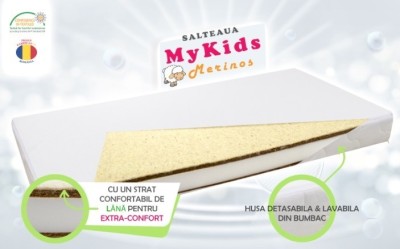 Saltea copii MyKids, Merinos, Compozitie cocos-lana, 120x60x10 cm, Alb foto