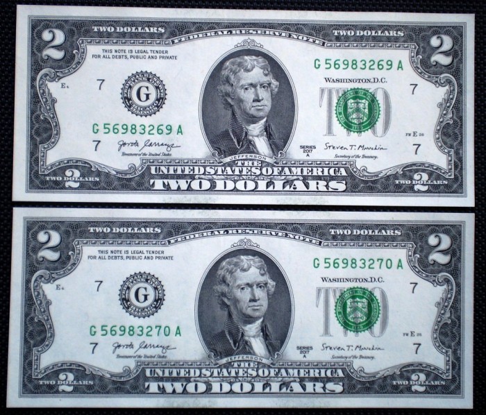 100 USA SUA 2X2 DOLLARS 2017 SERII CONSECUTIVE SR. 269-270 AUNC