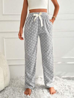 Pantaloni de pijama, cu imprimeu buline si talie inalta, gri, dama, Shein foto