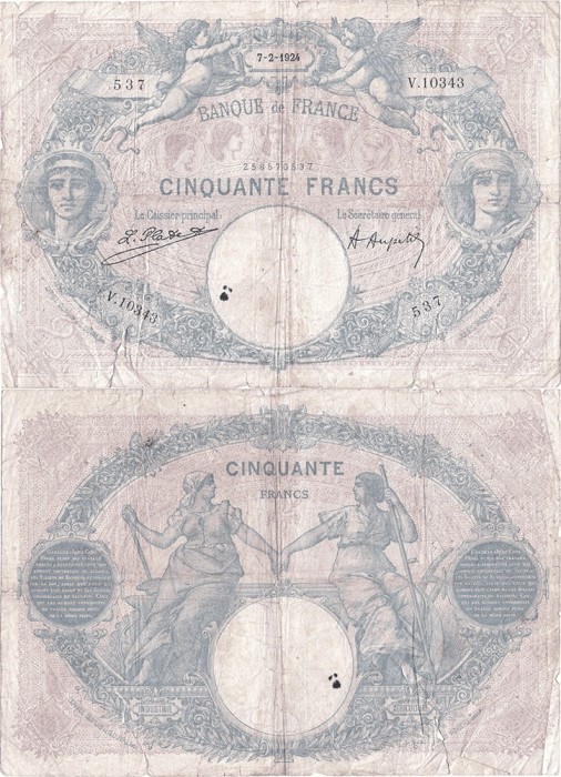 1924 (7 II), 50 francs (P-64g.3) - Franța