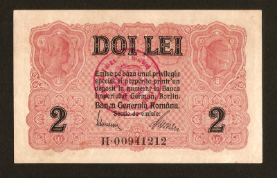 ROMANIA 2 Lei BGR - 1917 , Stampilata . Banca Generala Romana. Rara in AUNC ! foto
