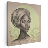 Tablou portret carbune femeie africana si flori, verde 1322 Tablou canvas pe panza CU RAMA 100x100 cm