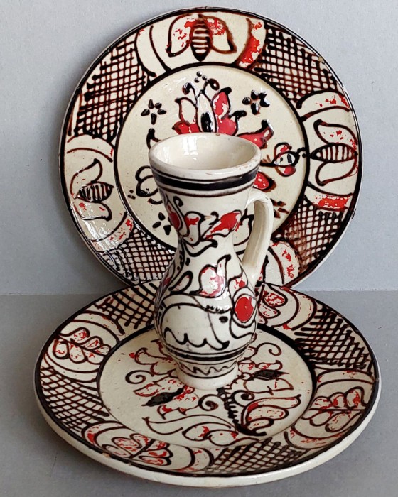 Set romanesc ceramica pictata ulcea + 2 farfurii, artizanat, olarit traditional