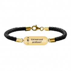 Best Teacher - Bratara Premium din piele impletita "Cel mai cool profesor" din argint 925 placat cu aur galben 24K