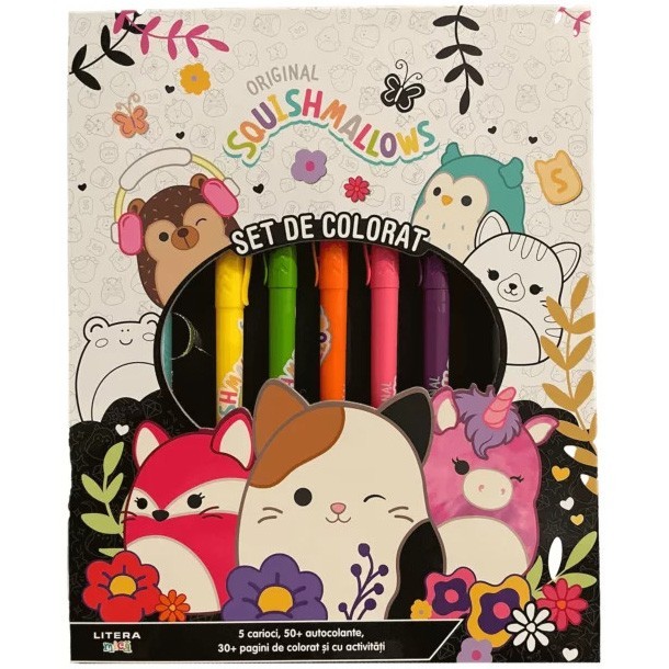 Original squishmallows. Set de colorat. Contine 5 carioci, 50 autocolante, 30 pagini de colorat si cu activitati