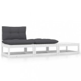 VidaXL Set mobilier de grădină cu perne, 3 piese, alb, lemn masiv pin