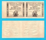 Franta (pick A68) 10+10 Sous 1793 aUNC; Coală netăiată cu 2 bancnote