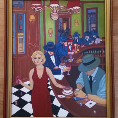 Tablou LA BAR ( Lady in red ) pictat in ulei pe panza, 55x45 cm cu rama