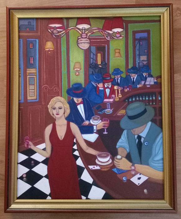 Tablou LA BAR ( Lady in red ) pictat in ulei pe panza, 55x45 cm cu rama