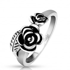 Inel din oțel 316L argintiu, doi trandafiri patinați - Marime inel: 59