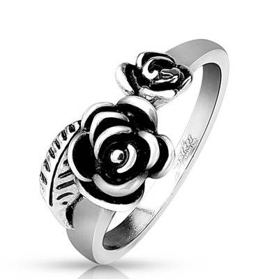 Inel din oțel 316L argintiu, doi trandafiri patinați - Marime inel: 52 foto
