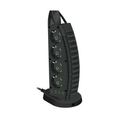 Prelungitor tip turn ELMHURST, 4 x USB porturi, 8 prize curent alternativ, 2500 W, protectie la supratensiune, intrerupator, negru foto